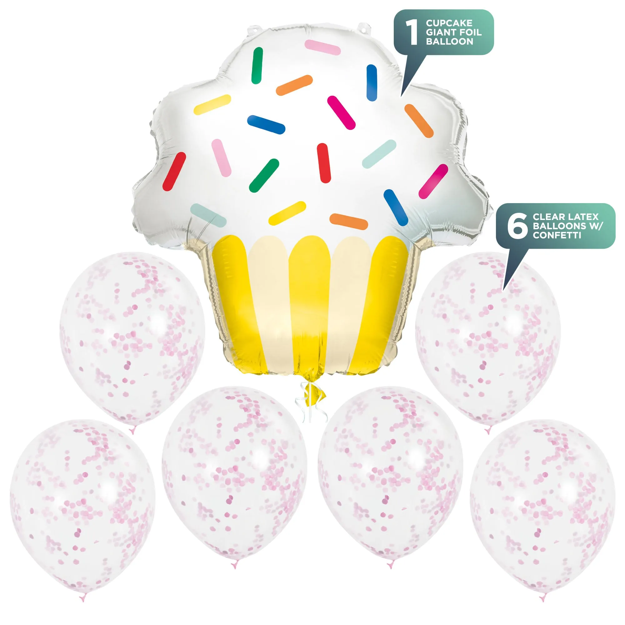 Cupcake Party Supplies - 1 Giant Cupcake Foil Balloon & 6 Clear With Pink Confetti Latex Balloons Set