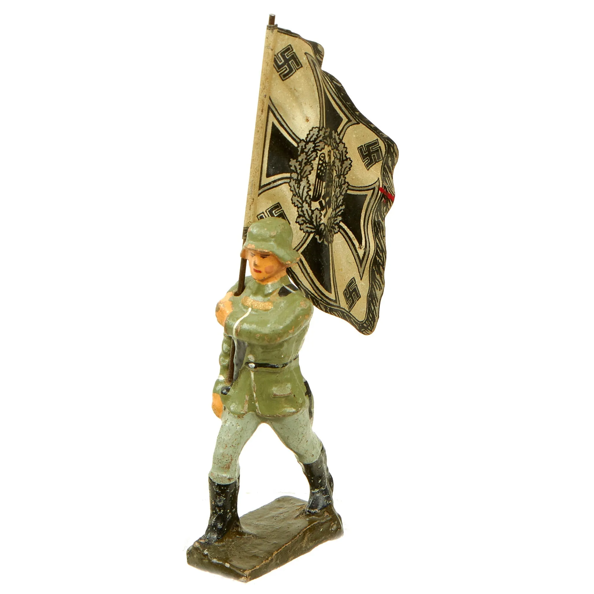 Original German Pre-WWII Elastolin 70mm Toy Soldier with Lithograph Print Army Infantry Standard