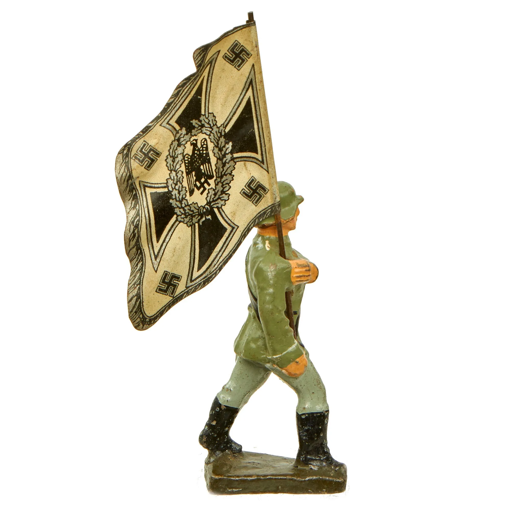 Original German Pre-WWII Elastolin 70mm Toy Soldier with Lithograph Print Army Infantry Standard