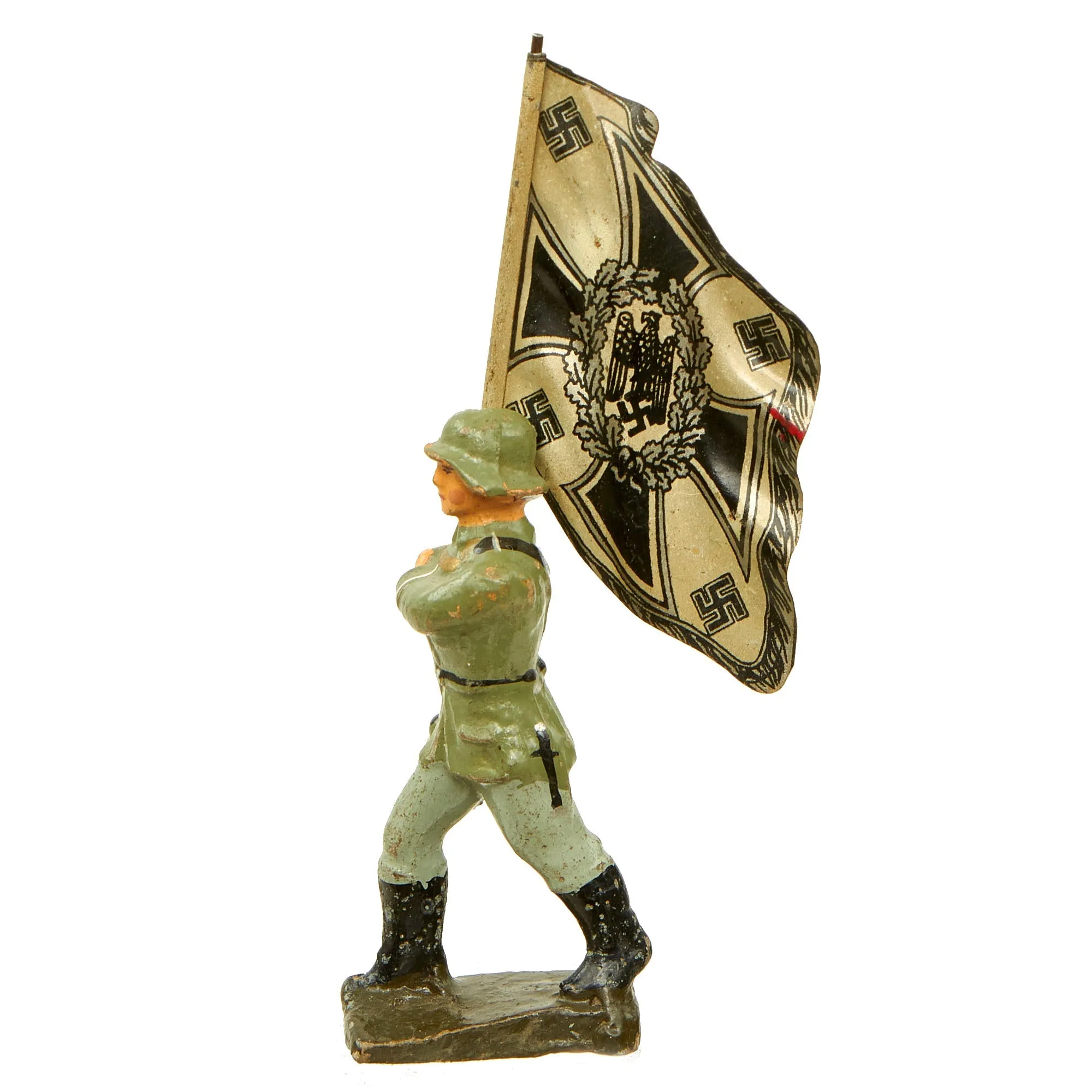 Original German Pre-WWII Elastolin 70mm Toy Soldier with Lithograph Print Army Infantry Standard