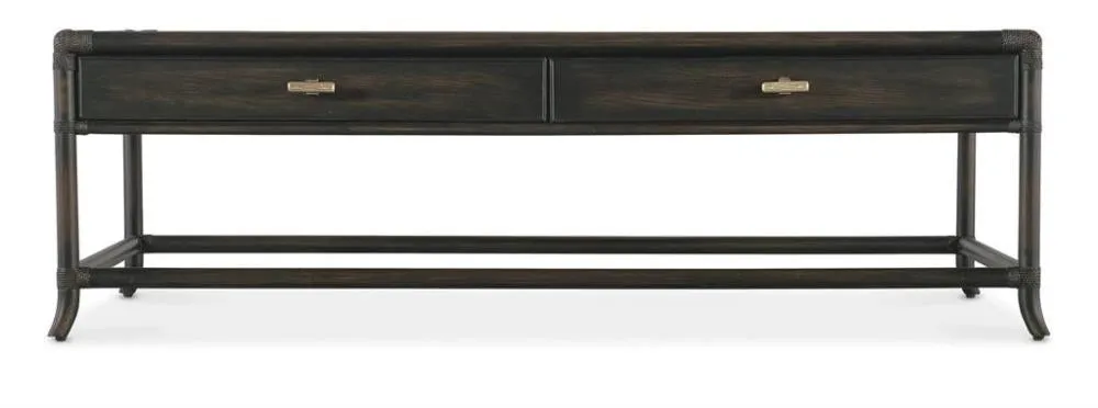 Two Drawer Rattan Wrapped Oak & Maple Wood Rectangle Coffee Black Finish Table 59 inch